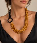 Mustard Yellow Beaded Statement Necklace with Black Ring – Contemporary Artisan Jewelry