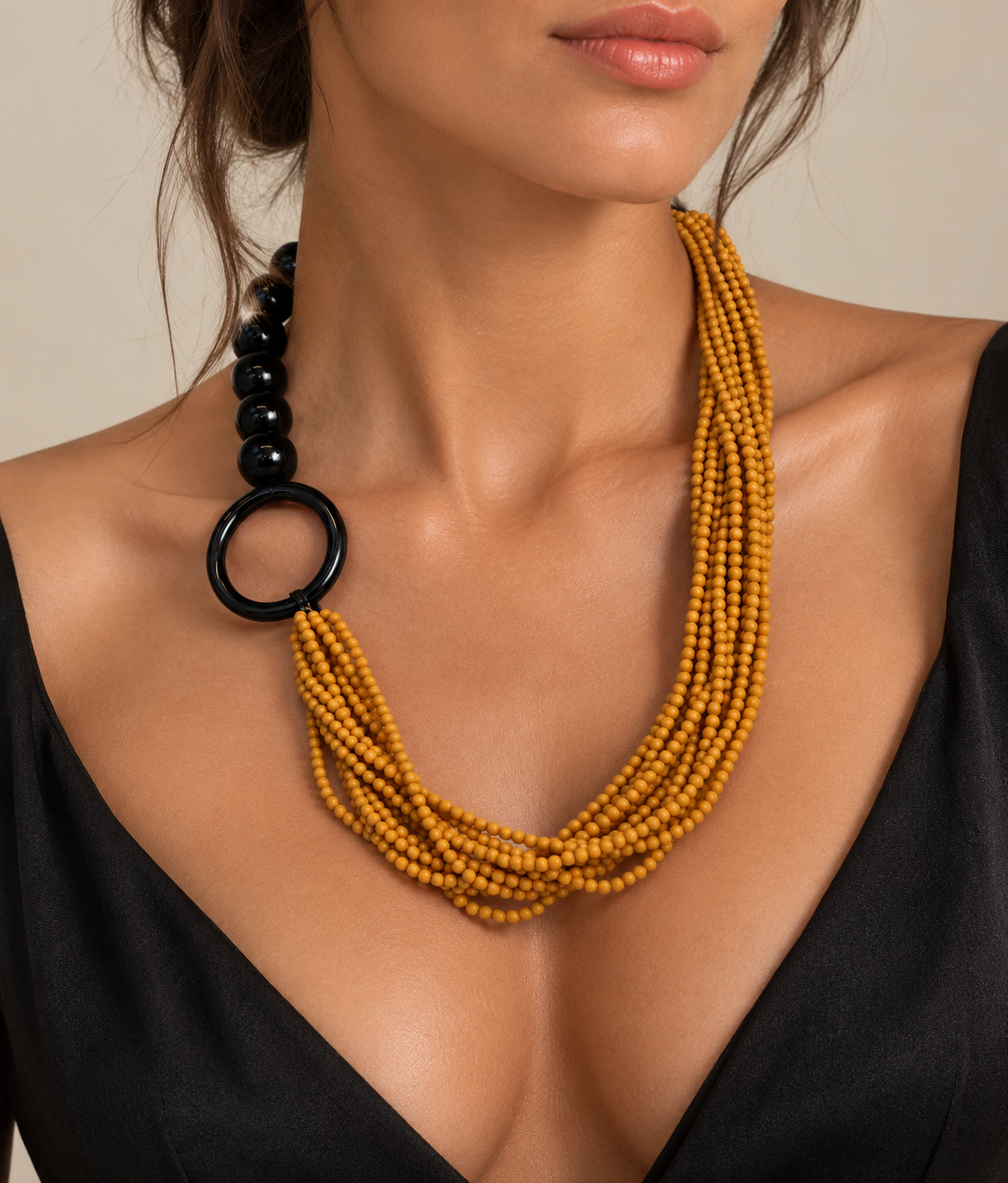 Mustard Yellow Beaded Statement Necklace with Black Ring – Contemporary Artisan Jewelry