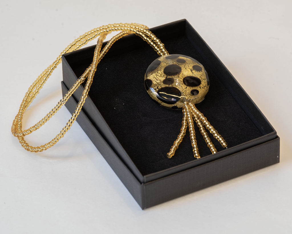 Murano Glass Medallion Necklace – 24K Gold Leaf & Black Accents