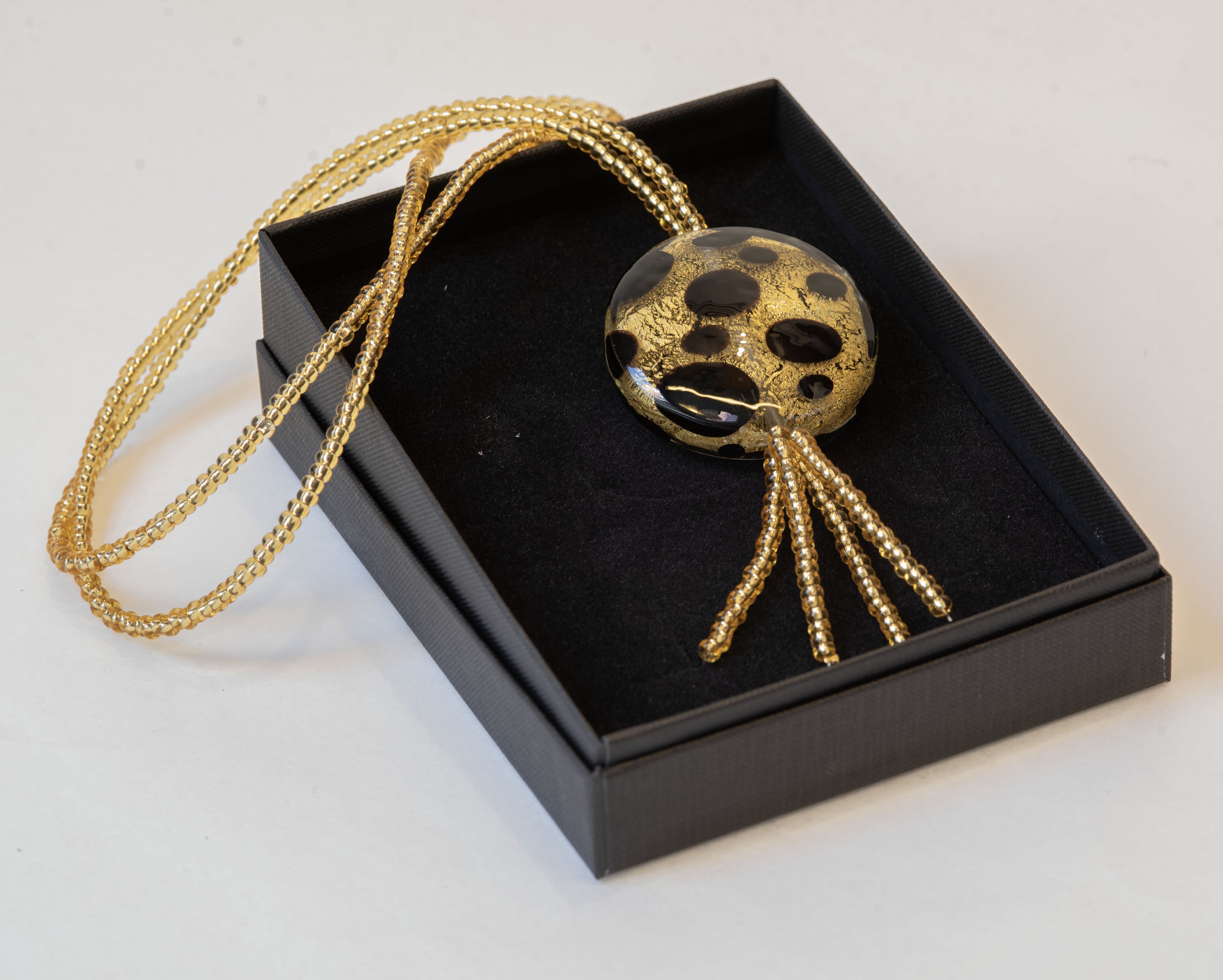 Murano Glass Medallion Necklace – 24K Gold Leaf & Black Accents