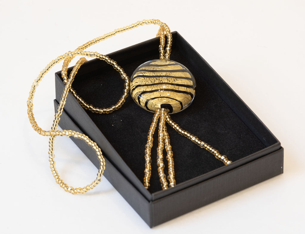 Murano Glass Medallion Necklace – 24K Gold Leaf & Black Accents