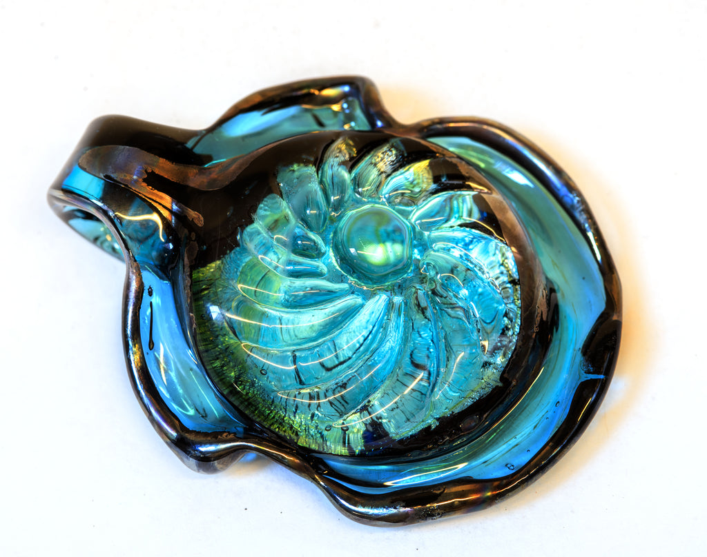 Handmade Murano glass pendant necklace with aquamarine center, silver foil and iridescent black rim, on black rubber cord
