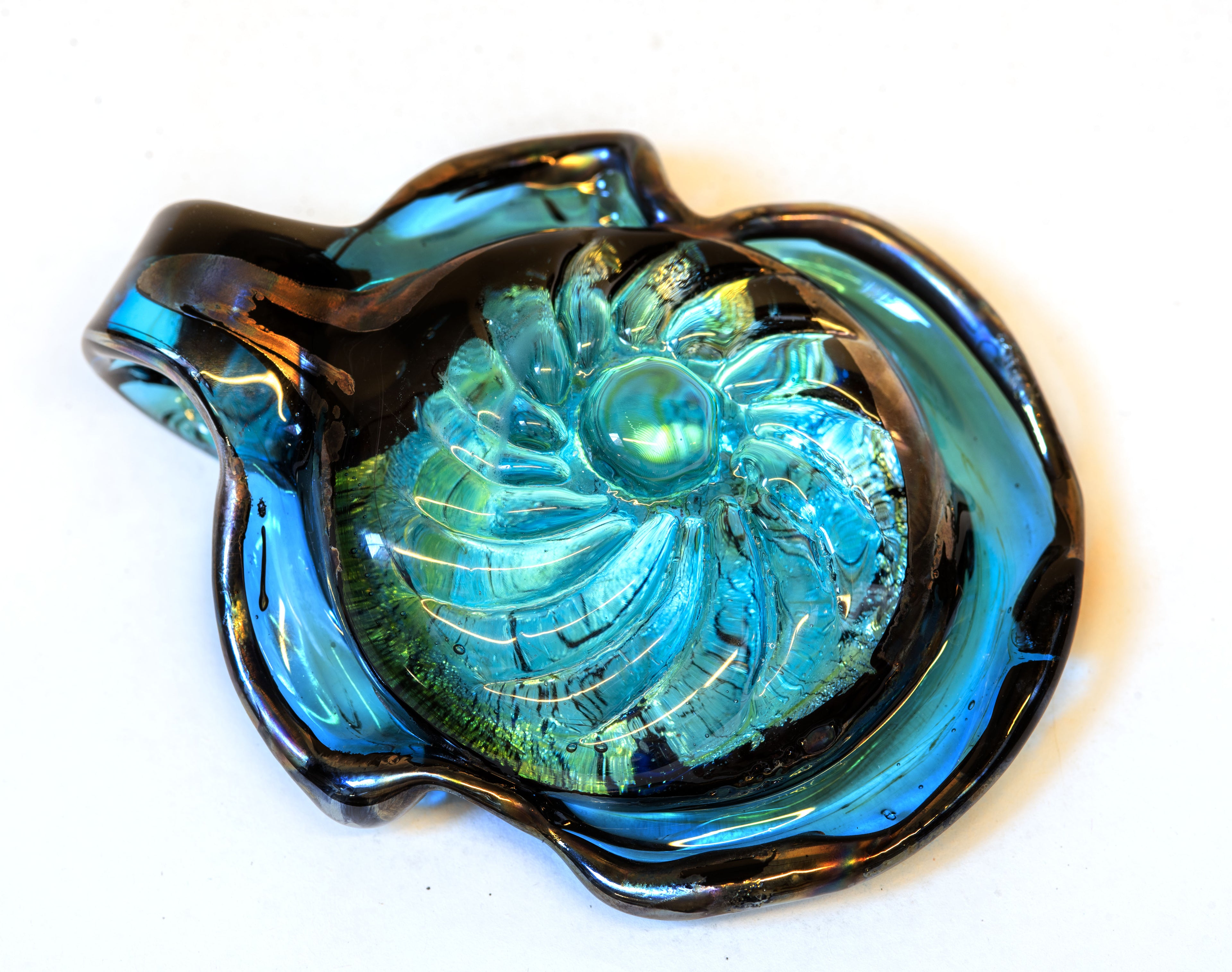 Handmade Murano glass pendant necklace with aquamarine center, silver foil and iridescent black rim, on black rubber cord