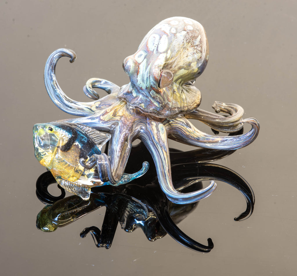 Handblown Murano Glass Octopus and Fish Sculpture – Marine Life Art