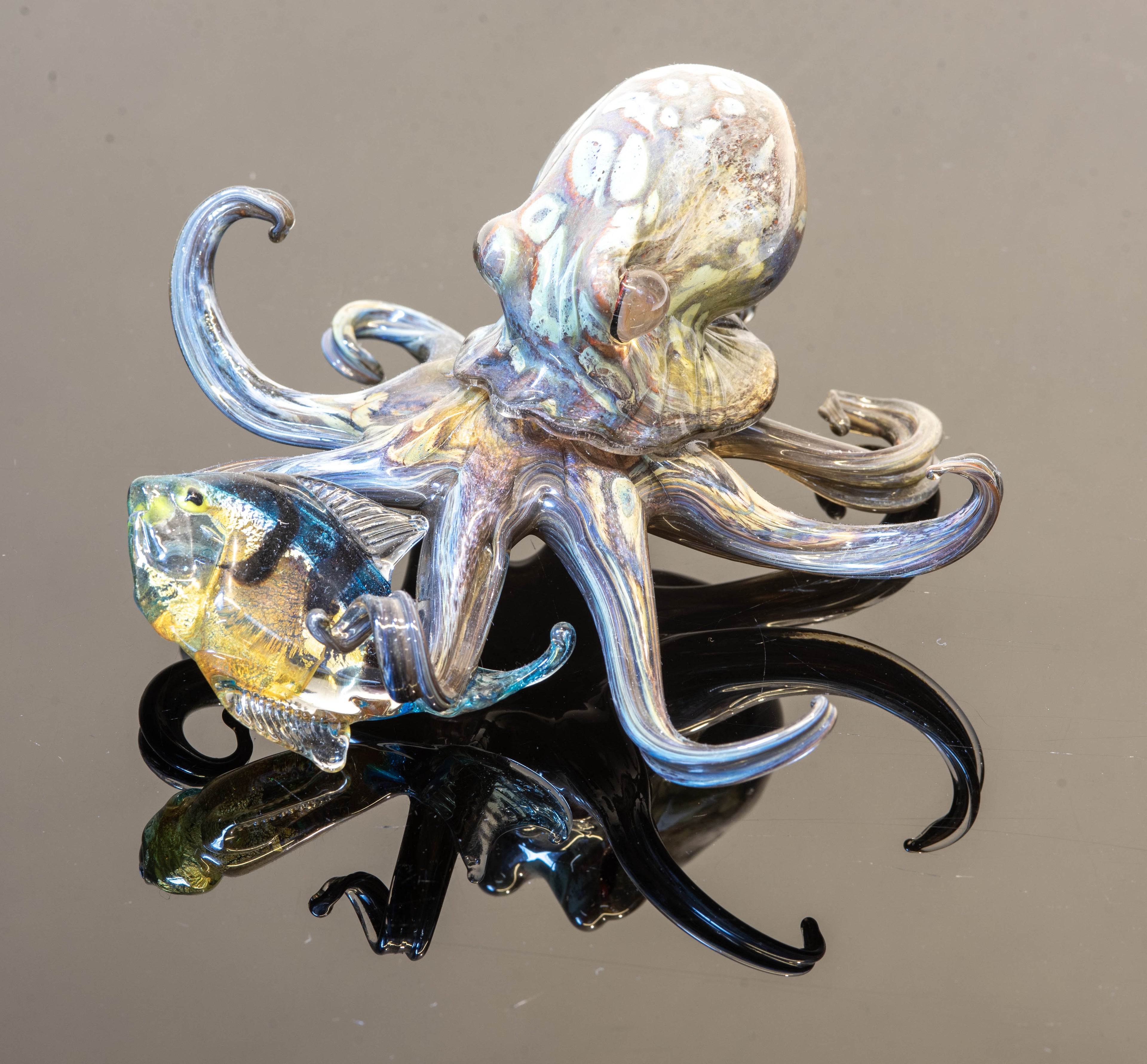 Handblown Murano Glass Octopus and Fish Sculpture – Marine Life Art
