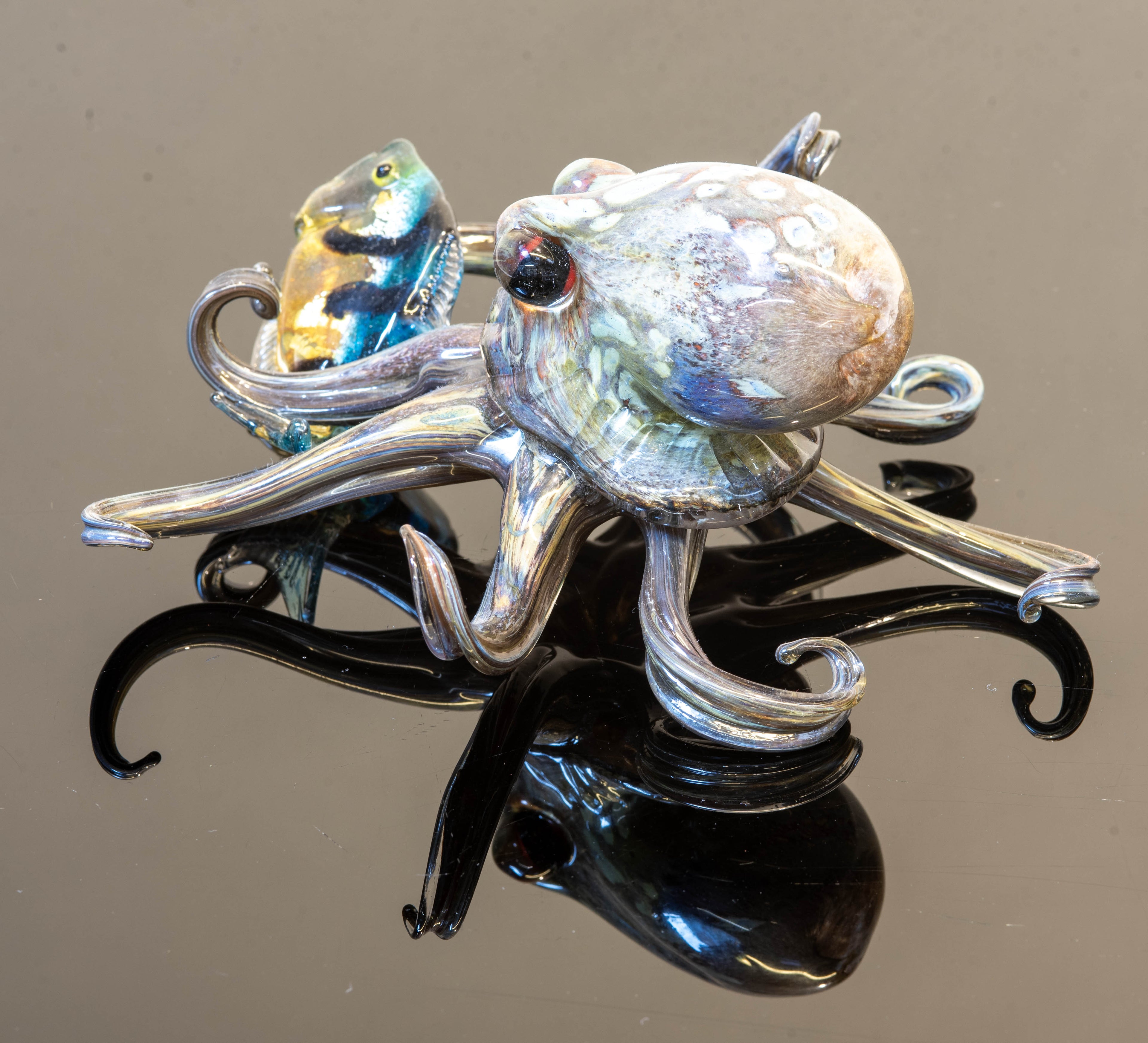 Handblown Murano Glass Octopus and Fish Sculpture – Marine Life Art