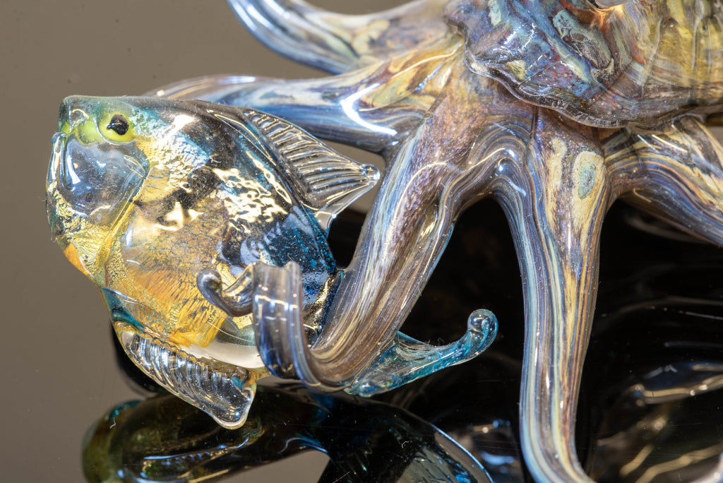 Handblown Murano Glass Octopus and Fish Sculpture – Marine Life Art