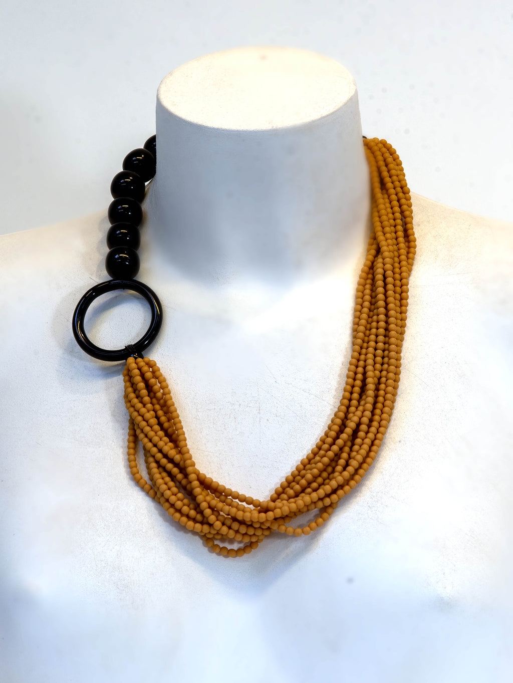 Mustard Yellow Beaded Statement Necklace with Black Ring – Contemporary Artisan Jewelry