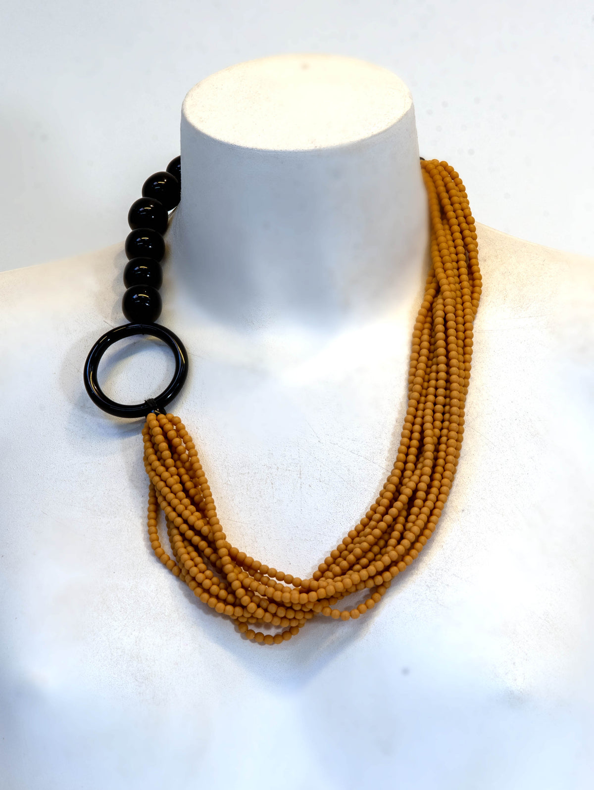Mustard Yellow Beaded Statement Necklace with Black Ring – Contemporary Artisan Jewelry