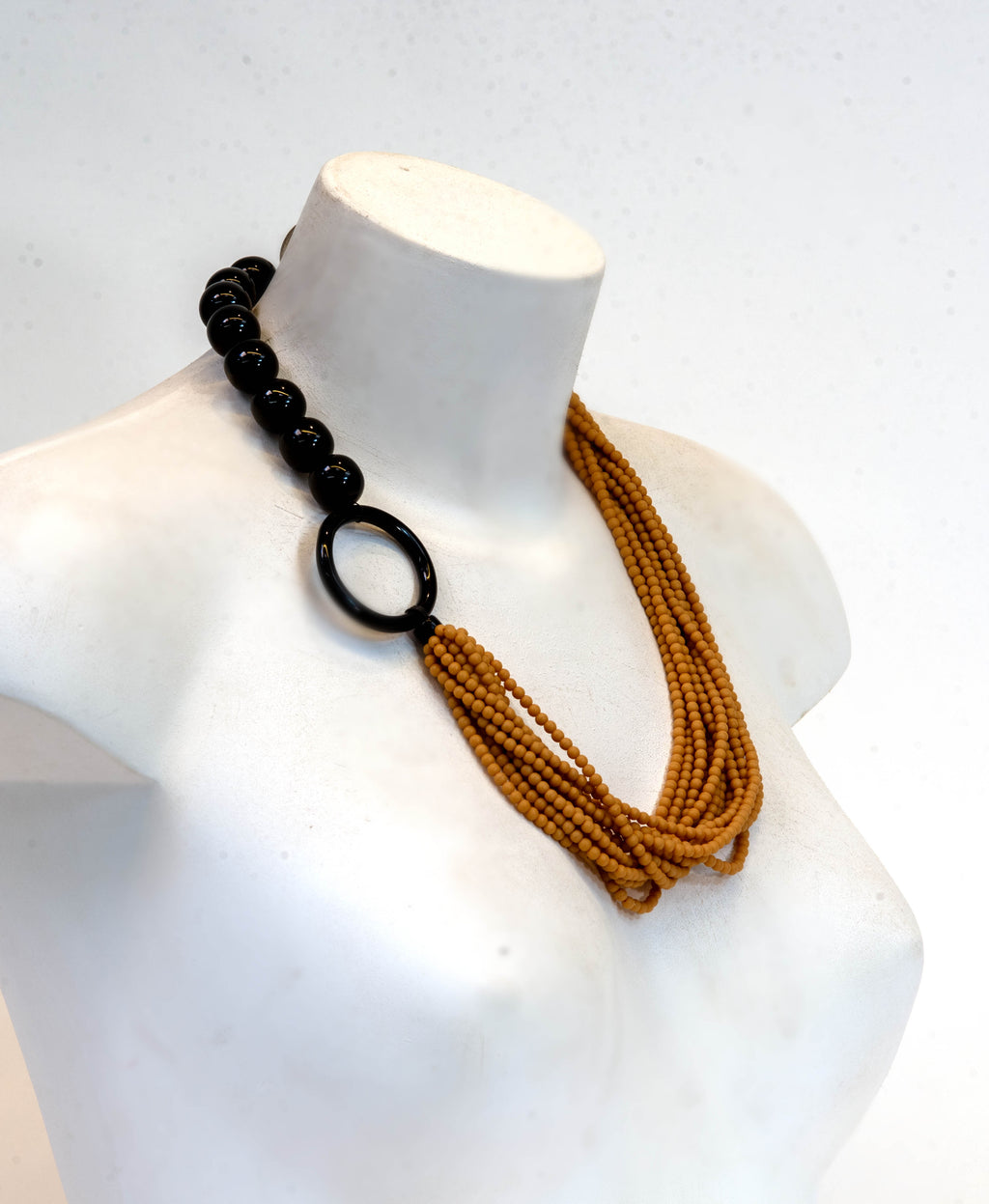 Mustard Yellow Beaded Statement Necklace with Black Ring – Contemporary Artisan Jewelry