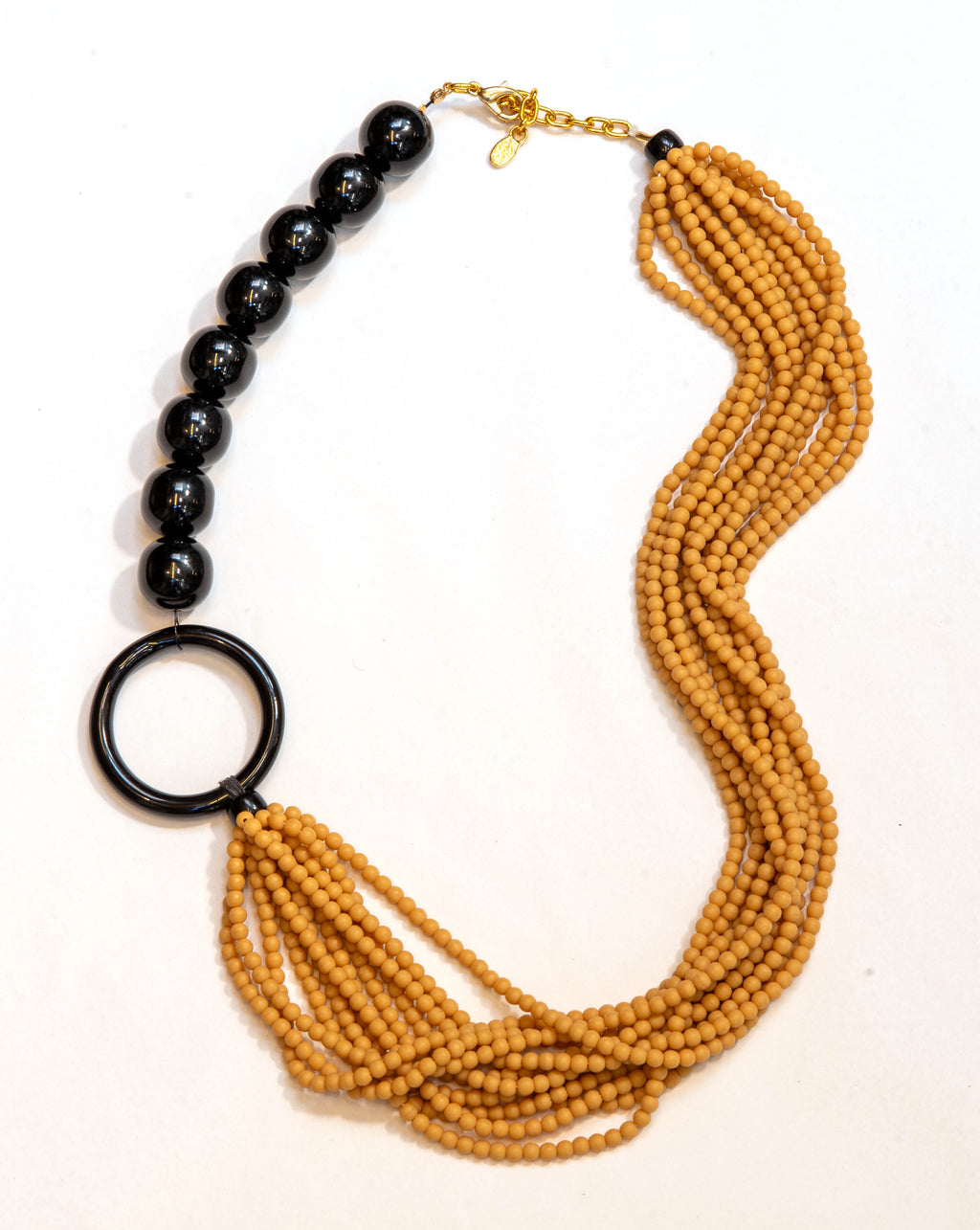 Mustard Yellow Beaded Statement Necklace with Black Ring – Contemporary Artisan Jewelry