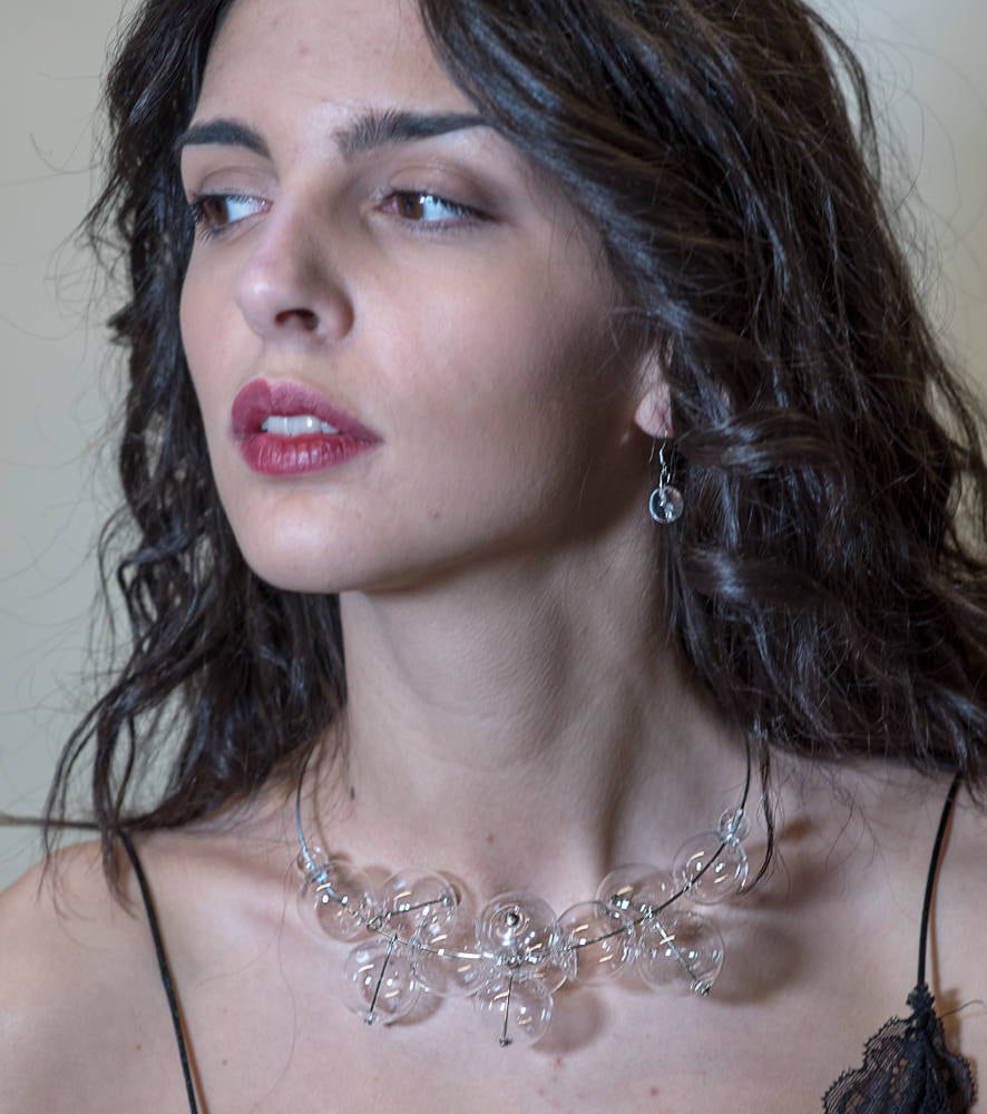 Blown glass necklace -Glass bubbles - Spheres - transparent beads - statement necklace - metal necklace - Murano glass