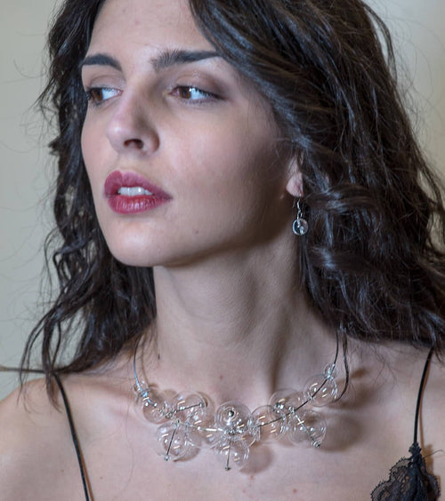 Blown glass necklace -Glass bubbles - Spheres - transparent beads - statement necklace - metal necklace - Murano glass