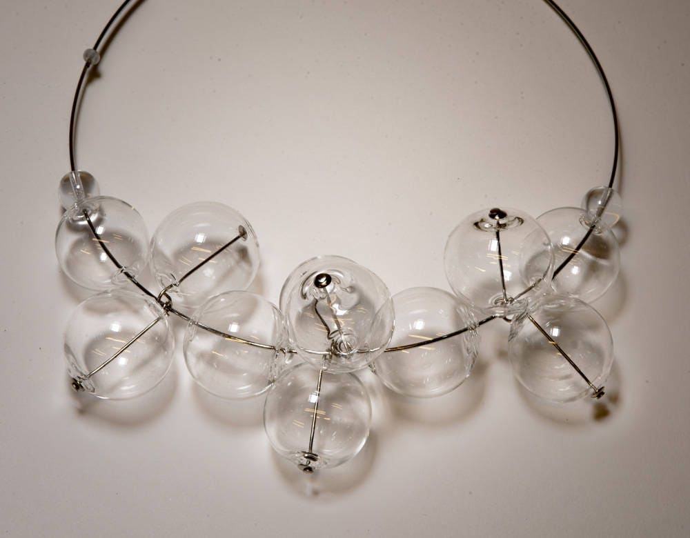 Blown glass necklace -Glass bubbles - Spheres - transparent beads - statement necklace - metal necklace - Murano glass