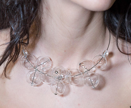 Blown glass necklace -Glass bubbles - Spheres - transparent beads - statement necklace - metal necklace - Murano glass