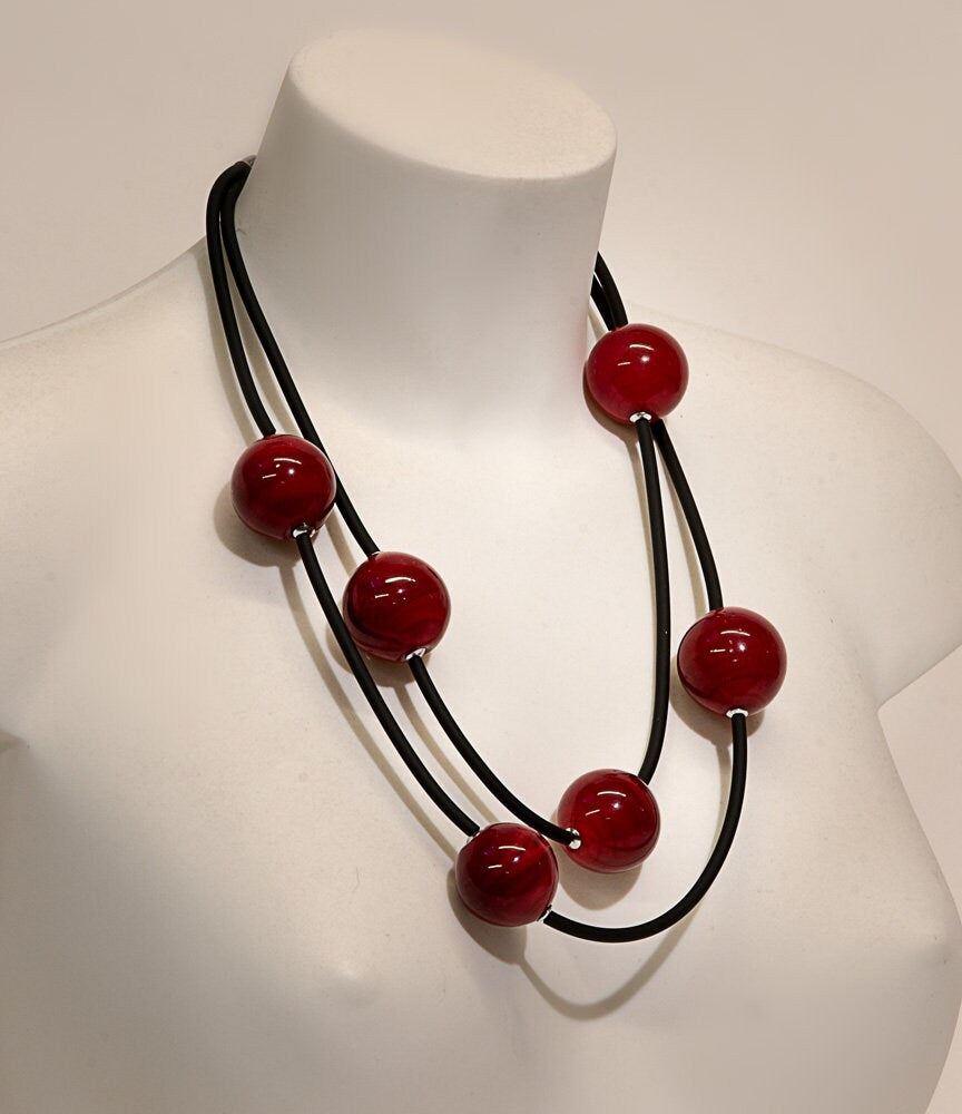Blown glass necklace -Glass bubbles - Spheres - Colorful beads - statement necklace - Rubber cord - Murano glass