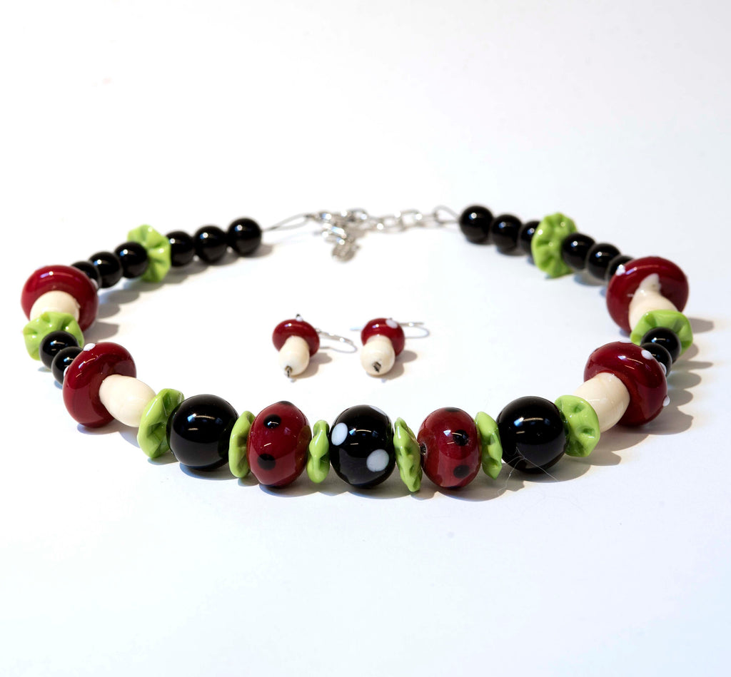Murano Glass Mushroom Necklace & Earrings Set, Italian Jewelry