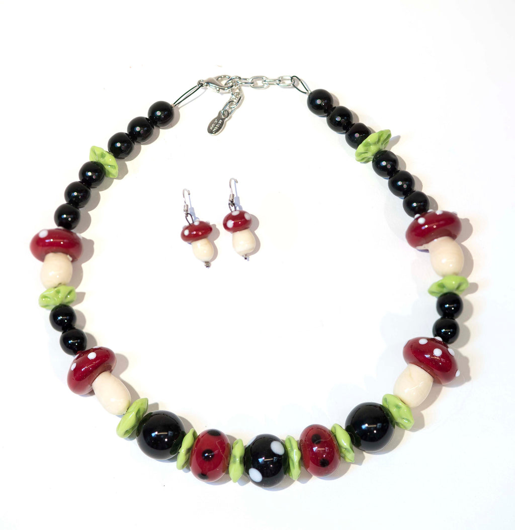 Murano Glass Mushroom Necklace & Earrings Set, Italian Jewelry