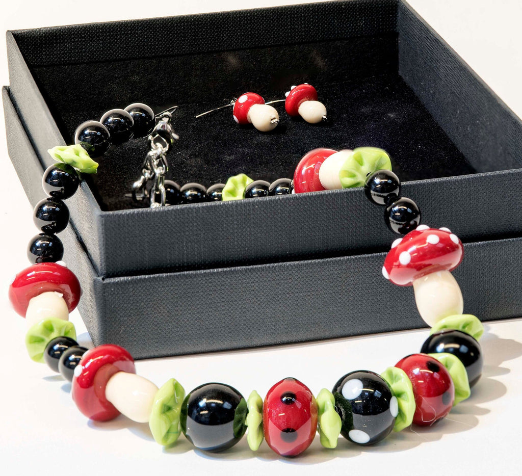 Murano Glass Mushroom Necklace & Earrings Set, Italian Jewelry
