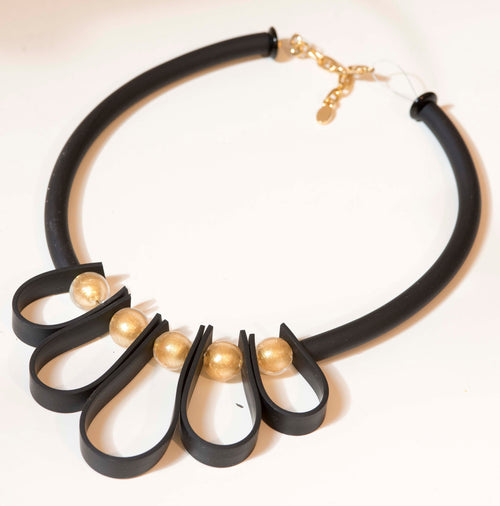 Glass beads necklace with 24 kt gold leaf Murano glass jewelry, black silicon tube adjstable, aluminium clasp. Special original gift woman.