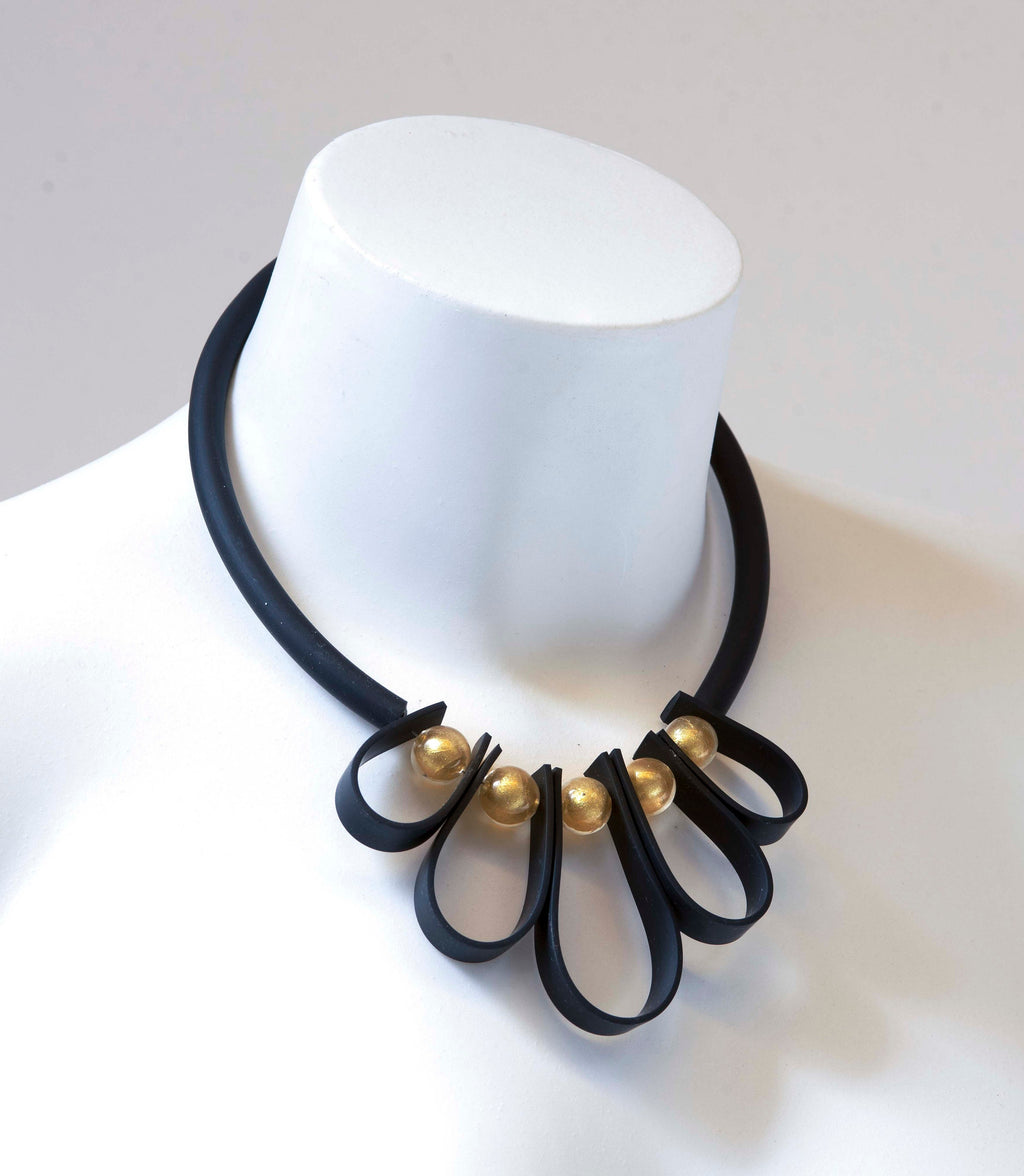 Glass beads necklace with 24 kt gold leaf Murano glass jewelry, black silicon tube adjstable, aluminium clasp. Special original gift woman.