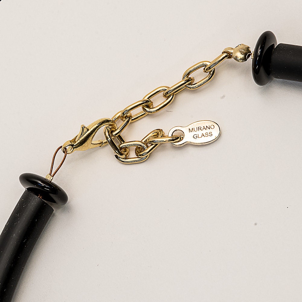 Glass beads necklace with 24 kt gold leaf Murano glass jewelry, black silicon tube adjstable, aluminium clasp. Special original gift woman.