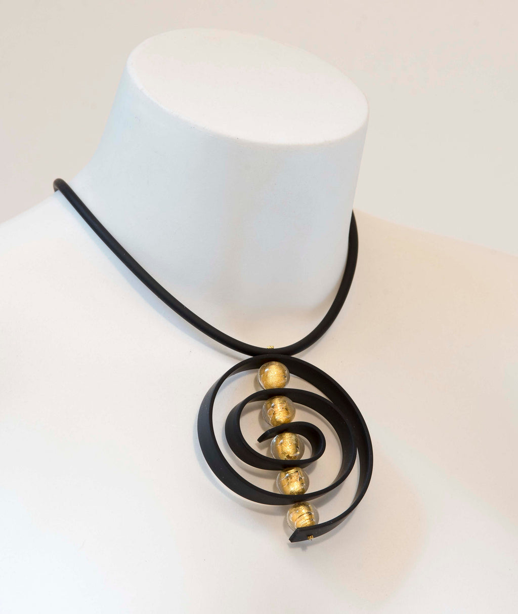 Glass beads necklace with 24 kt gold leaf, Murano glass jewelry, black rubber, adjustable, aluminium clasp. Special original gift woman.