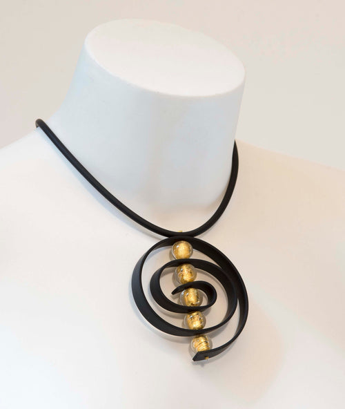 Glass beads necklace with 24 kt gold leaf, Murano glass jewelry, black rubber, adjustable, aluminium clasp. Special original gift woman.