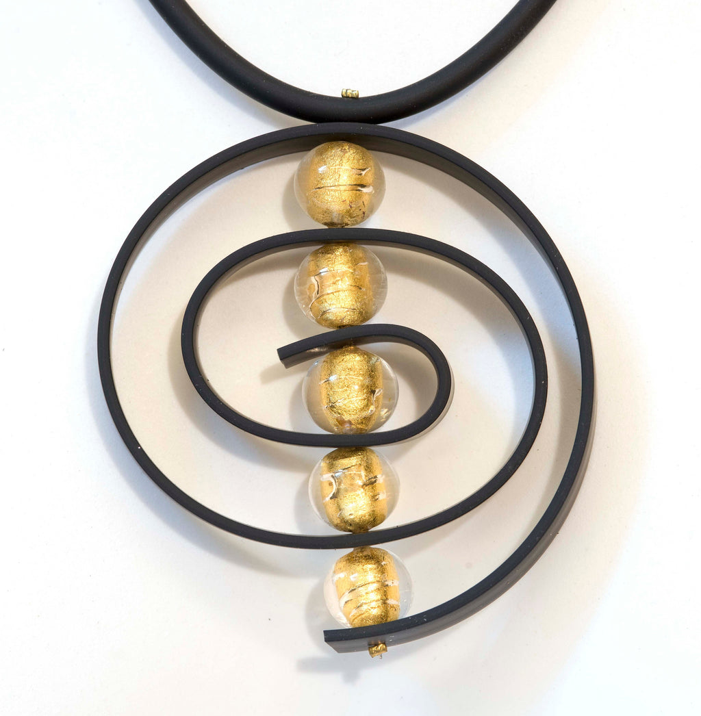 Glass beads necklace with 24 kt gold leaf, Murano glass jewelry, black rubber, adjustable, aluminium clasp. Special original gift woman.