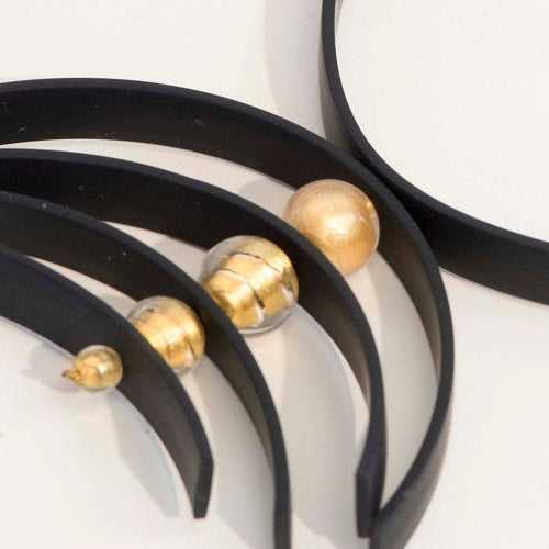 Glass beads necklace with 24 kt gold leaf, Murano glass jewelry, black rubber, adjustable, aluminium clasp. Special original gift woman.