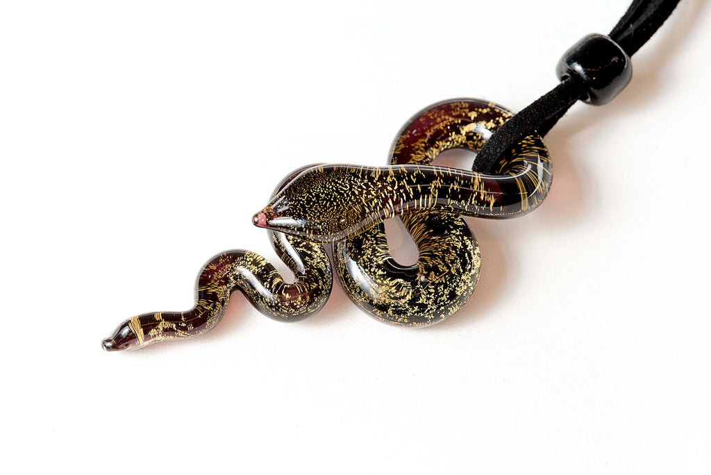 Murano Glass Snake Pendant, Lampwork Animal Necklace, Leather Cord