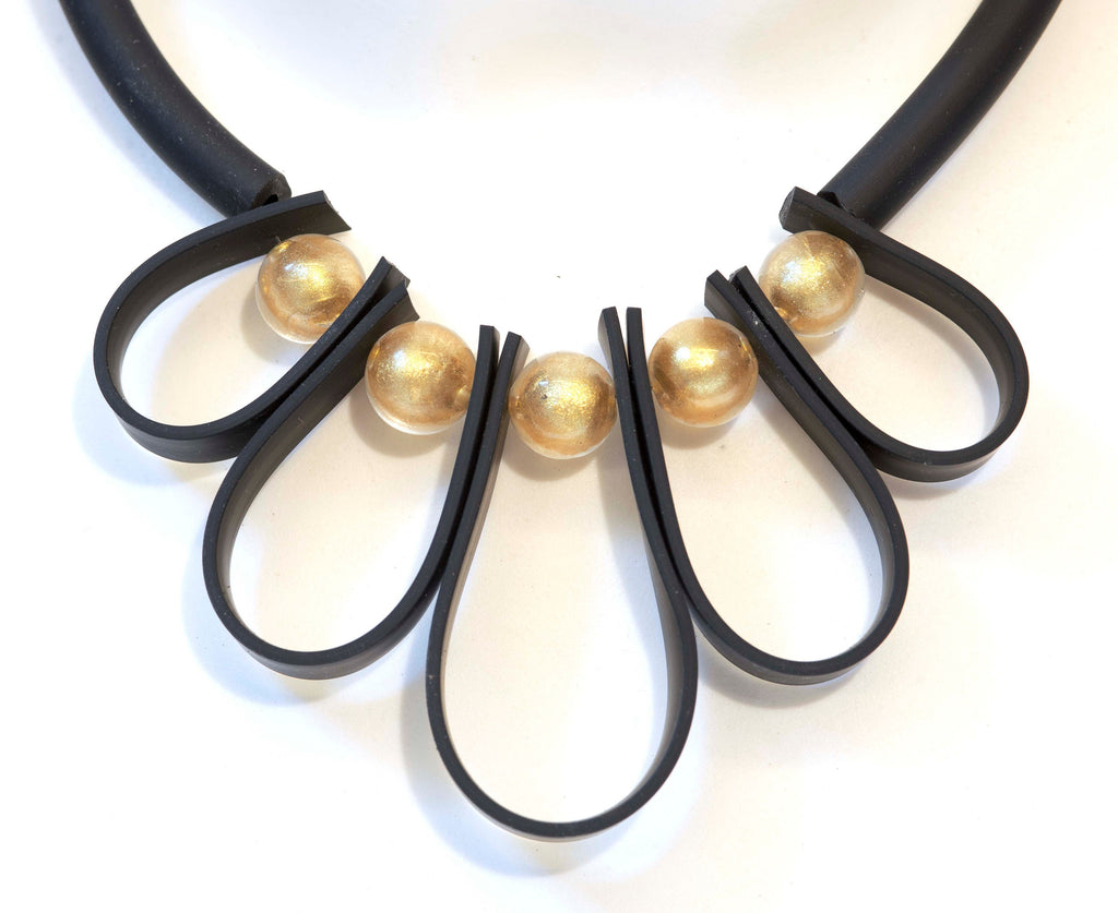 Glass beads necklace with 24 kt gold leaf Murano glass jewelry, black silicon tube adjstable, aluminium clasp. Special original gift woman.