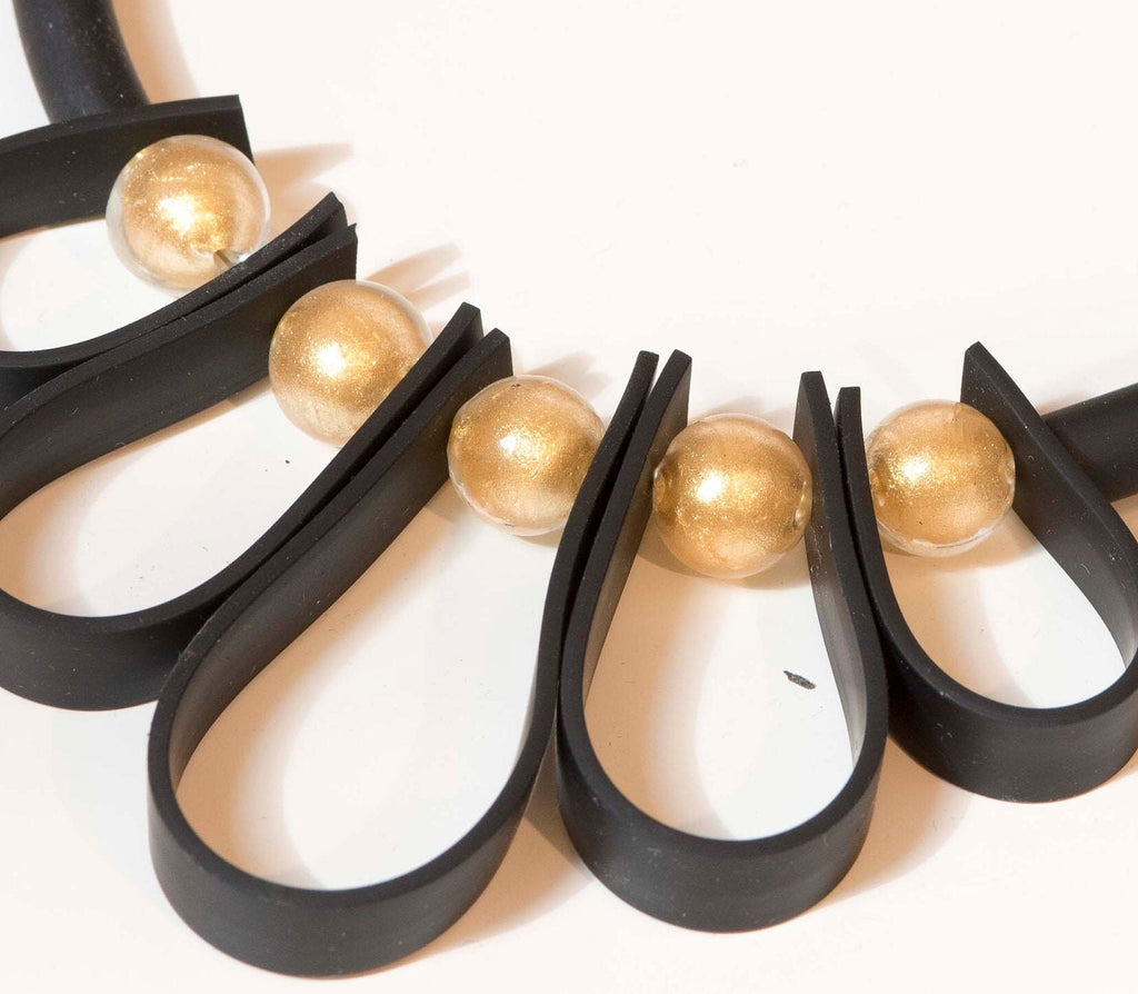 Glass beads necklace with 24 kt gold leaf Murano glass jewelry, black silicon tube adjstable, aluminium clasp. Special original gift woman.