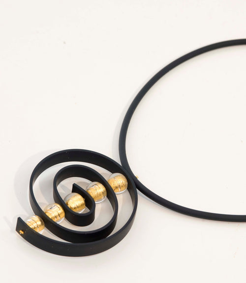Glass beads necklace with 24 kt gold leaf, Murano glass jewelry, black rubber, adjustable, aluminium clasp. Special original gift woman.