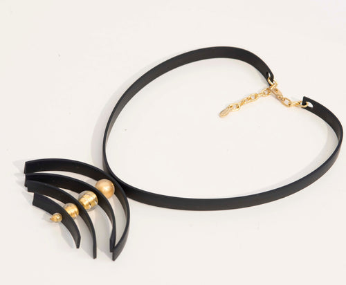 Glass beads necklace with 24 kt gold leaf, Murano glass jewelry, black rubber, adjustable, aluminium clasp. Special original gift woman.