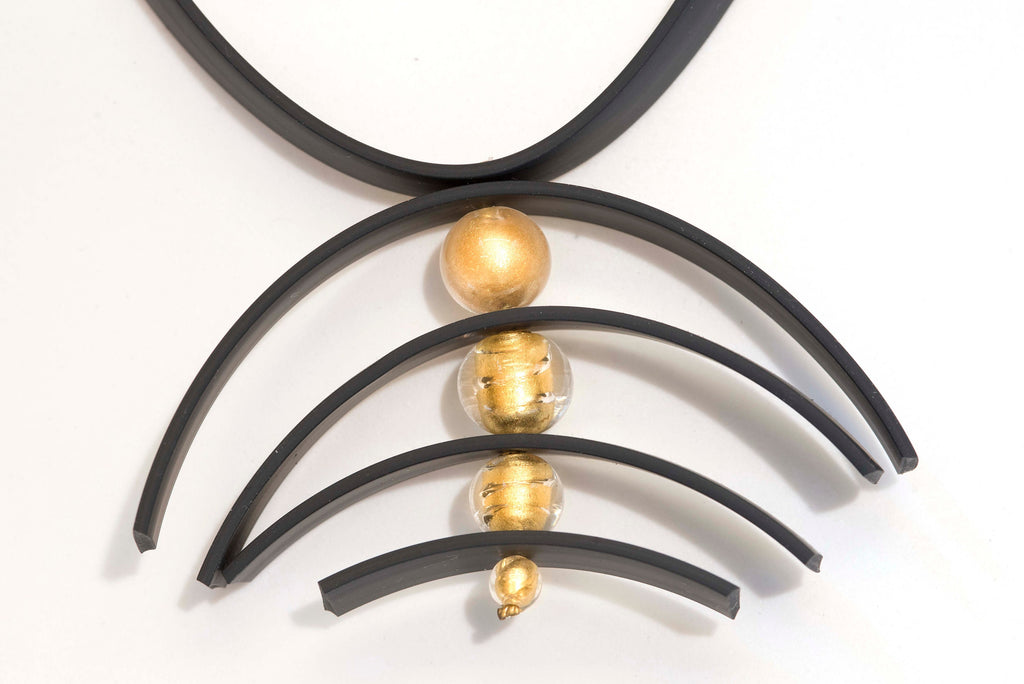 Glass beads necklace with 24 kt gold leaf, Murano glass jewelry, black rubber, adjustable, aluminium clasp. Special original gift woman.