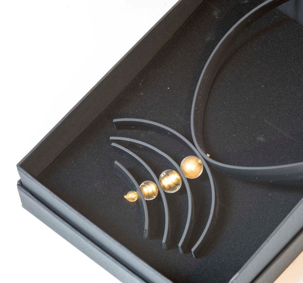 Glass beads necklace with 24 kt gold leaf, Murano glass jewelry, black rubber, adjustable, aluminium clasp. Special original gift woman.