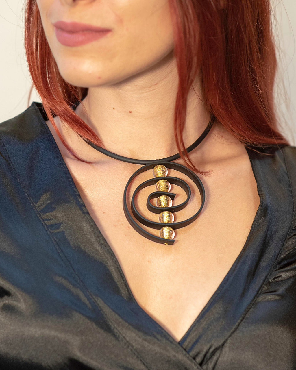 Glass beads necklace with 24 kt gold leaf, Murano glass jewelry, black rubber, adjustable, aluminium clasp. Special original gift woman.