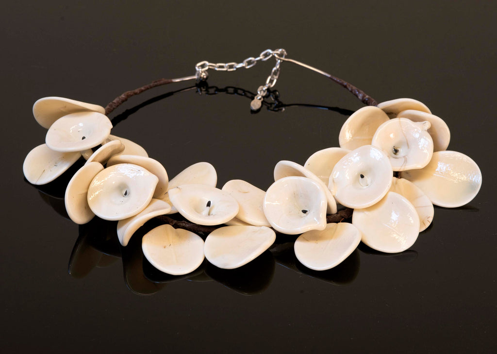 Glass necklace. Statement collier handmade.Traditional Venetian technique. Murano glass leafs. Winter fashion. Sculptural ornament. Italy