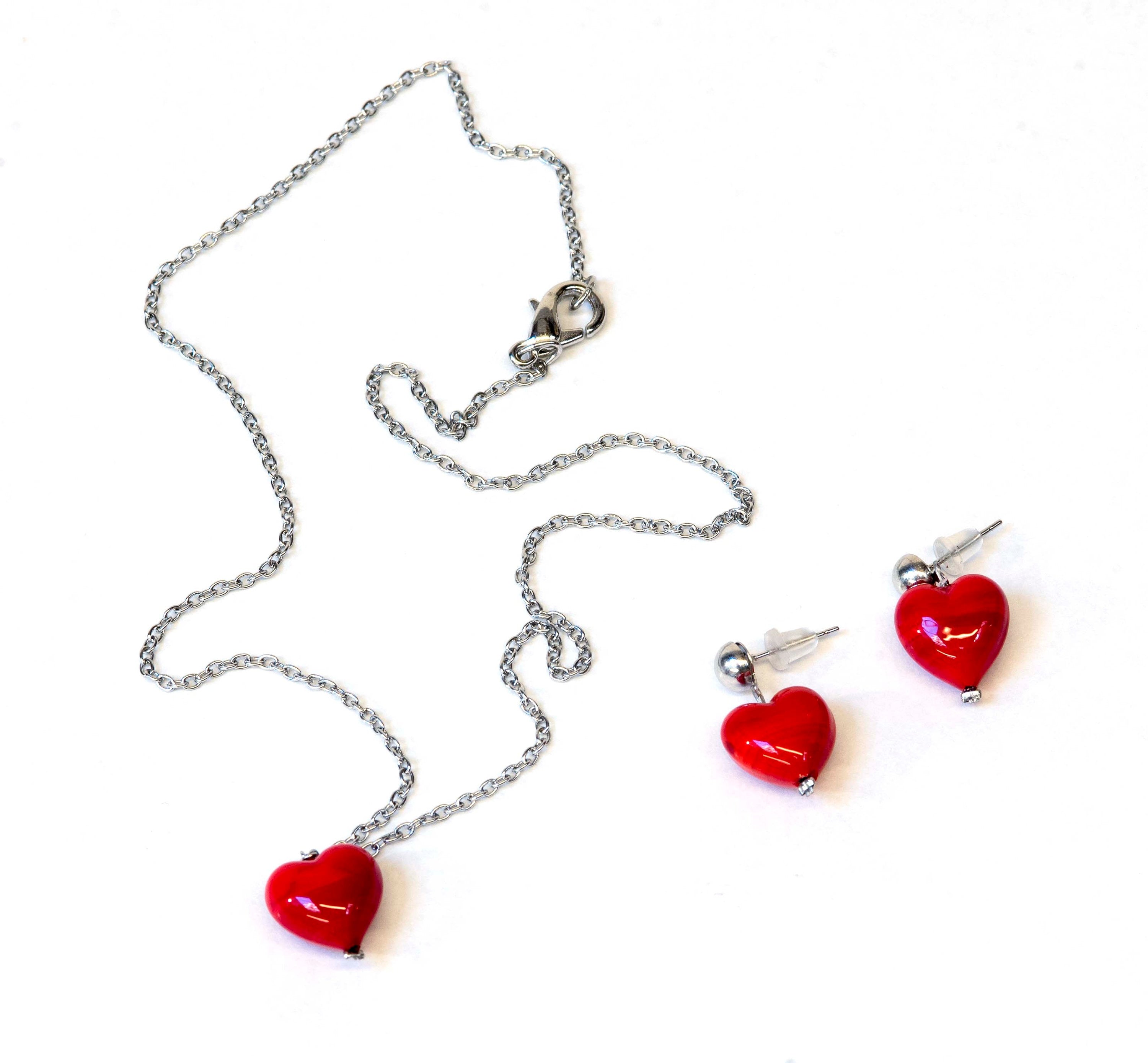 heart-shaped glass pendant - stainless steel chain - matching earrings - Murano glass - dangling