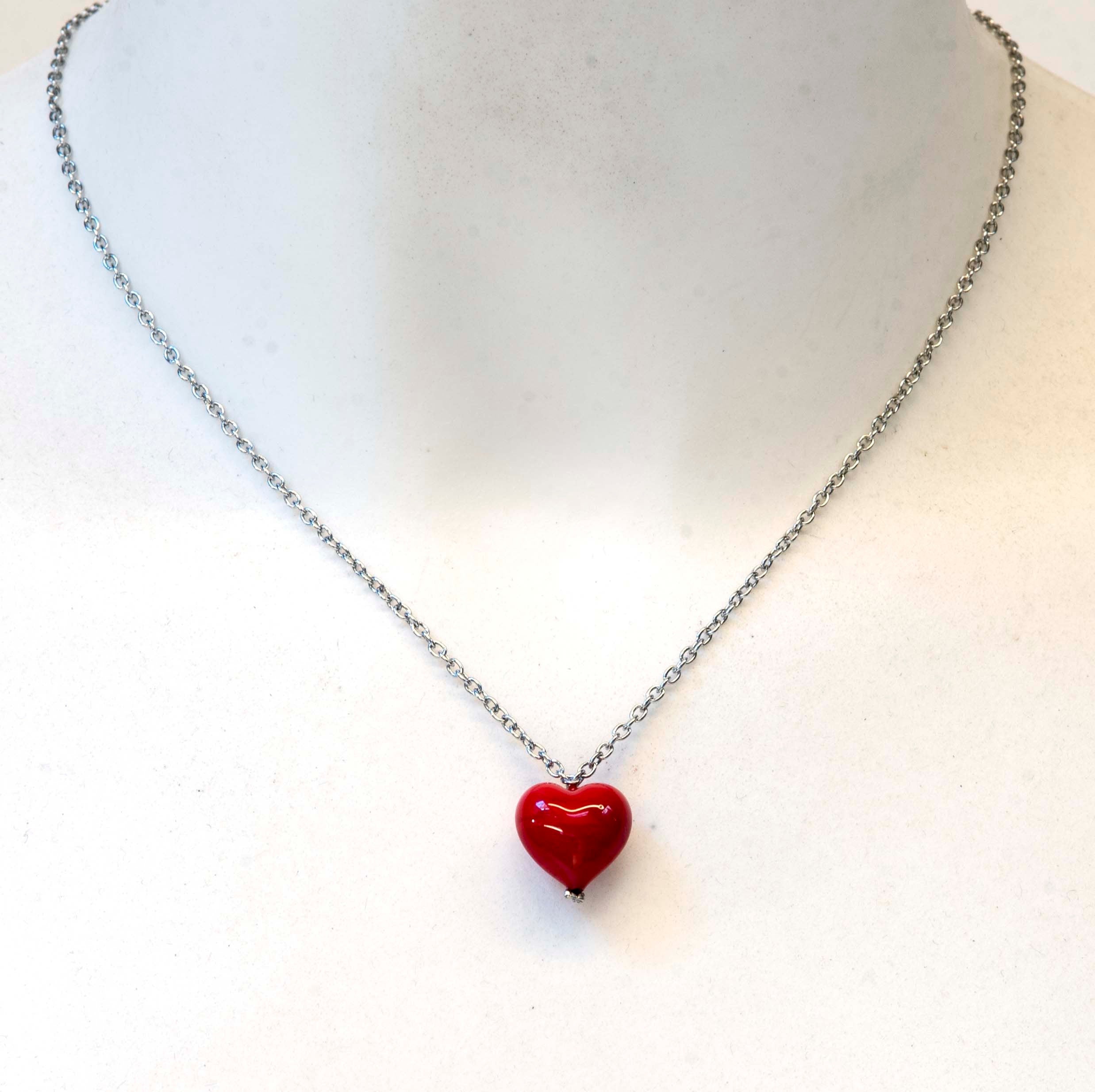 heart-shaped glass pendant - stainless steel chain - matching earrings - Murano glass - dangling