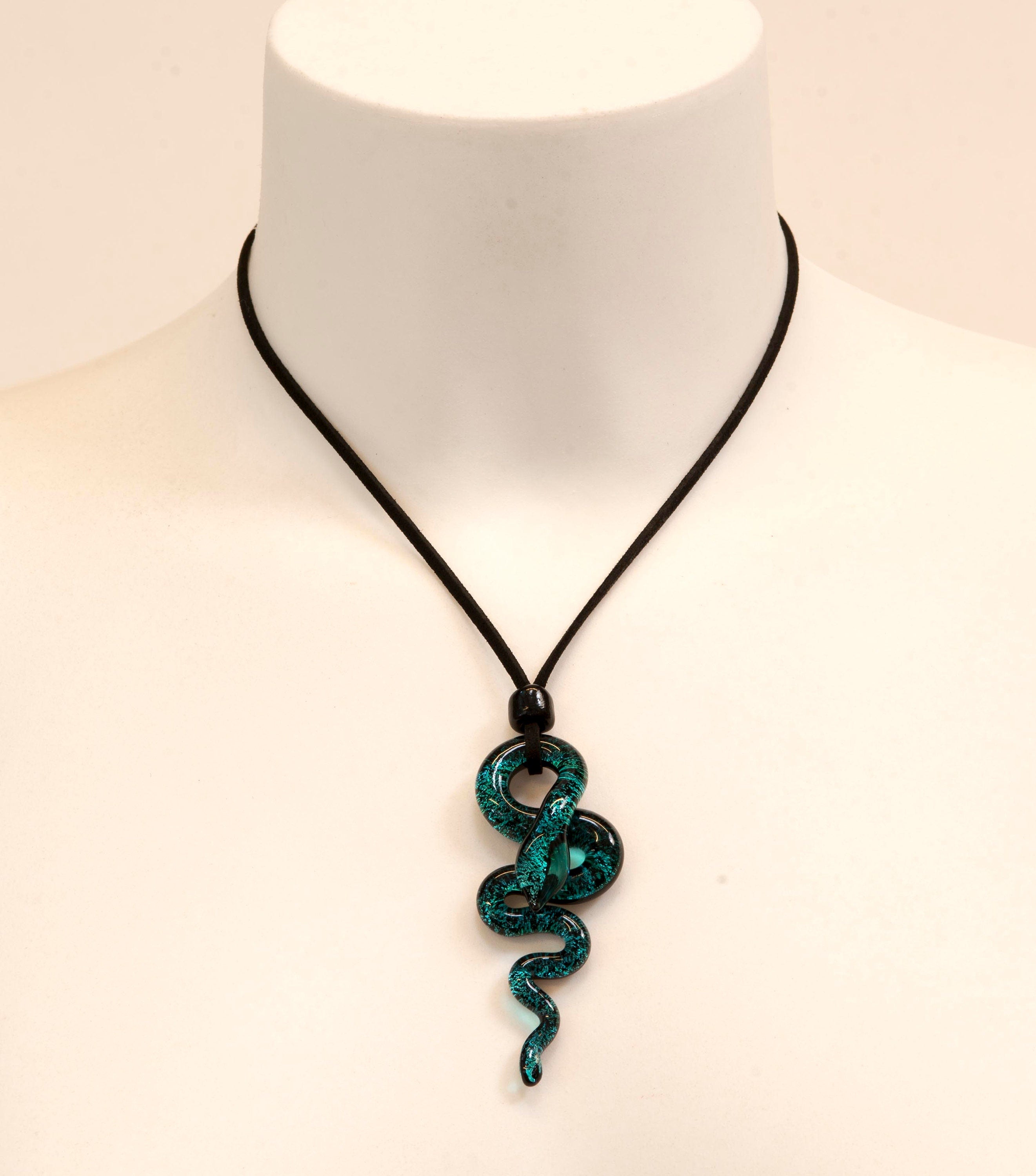 Murano Glass Snake Pendant, Lampwork Animal Necklace, Leather Cord