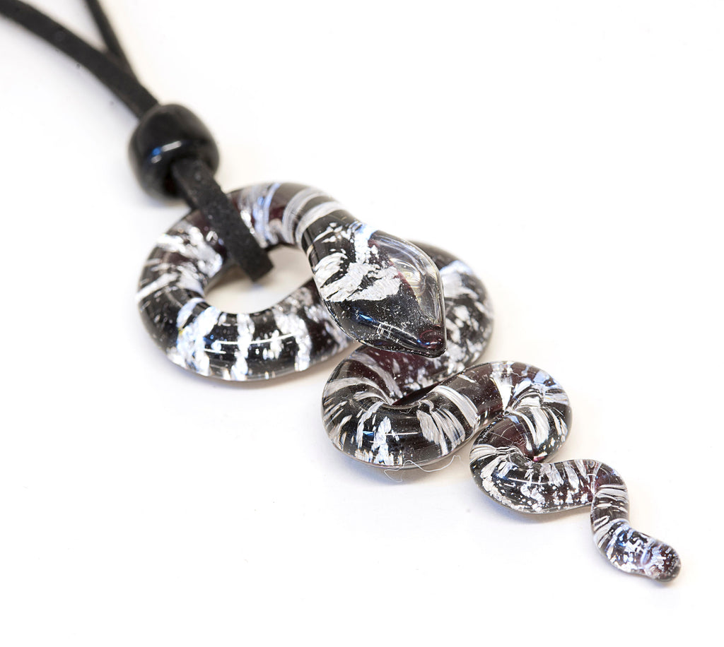 Murano Glass Snake Pendant, Lampwork Animal Necklace, Leather Cord