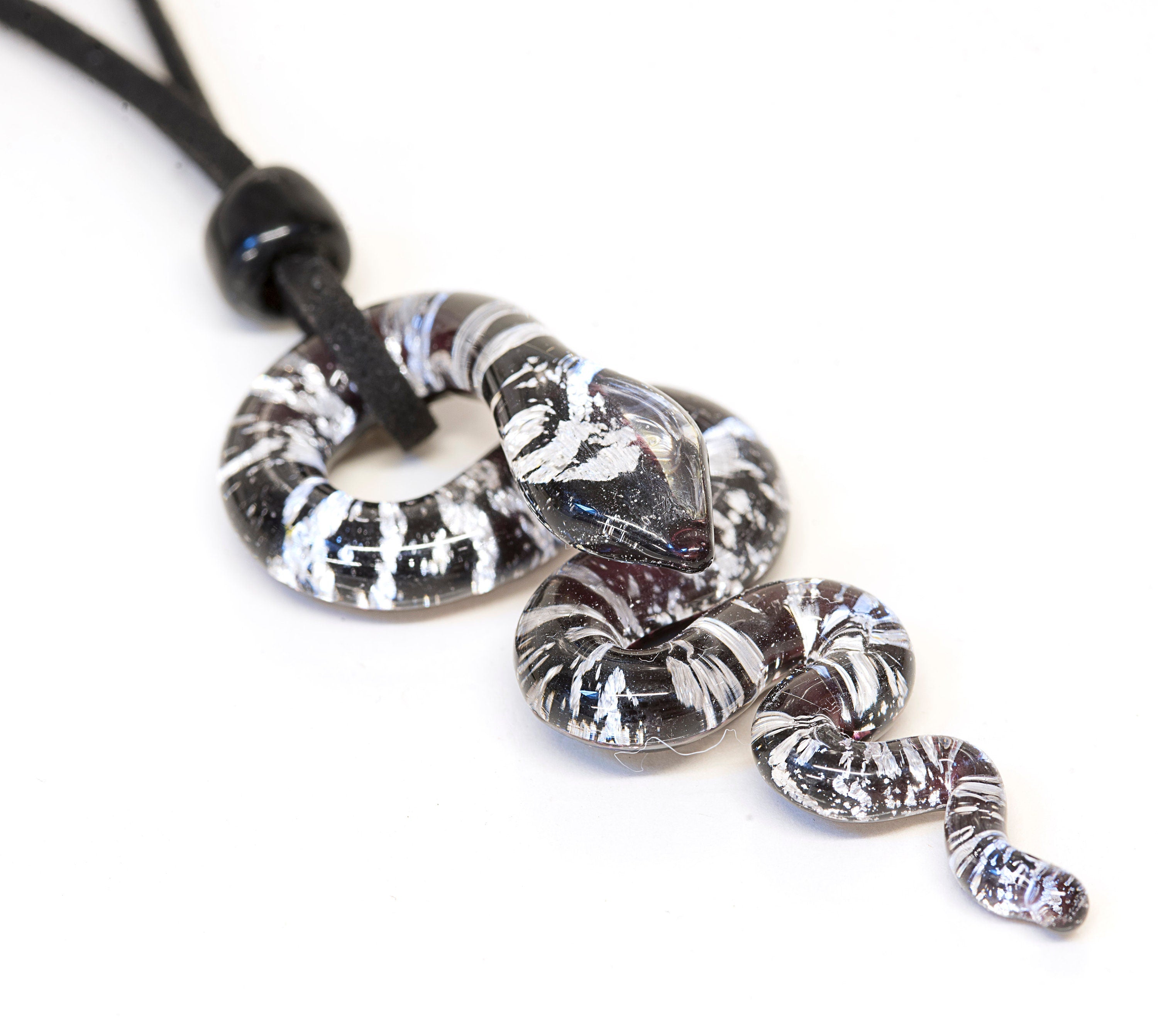 Murano Glass Snake Pendant, Lampwork Animal Necklace, Leather Cord