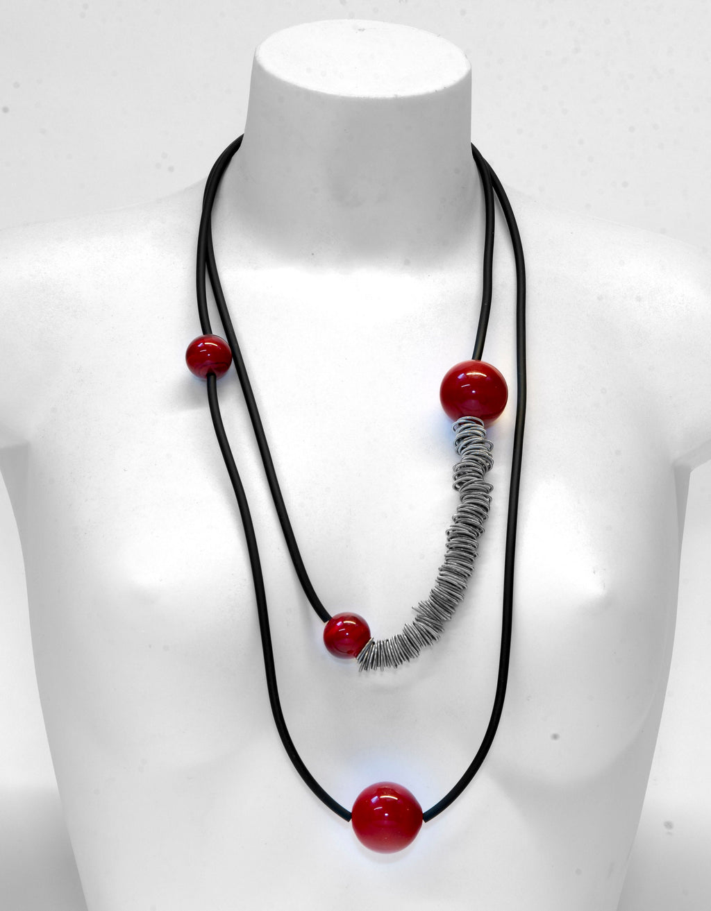 Glass necklace with blown pearls and metal rings. Glass bubbles transparent beads. Statement necklace - Murano glass