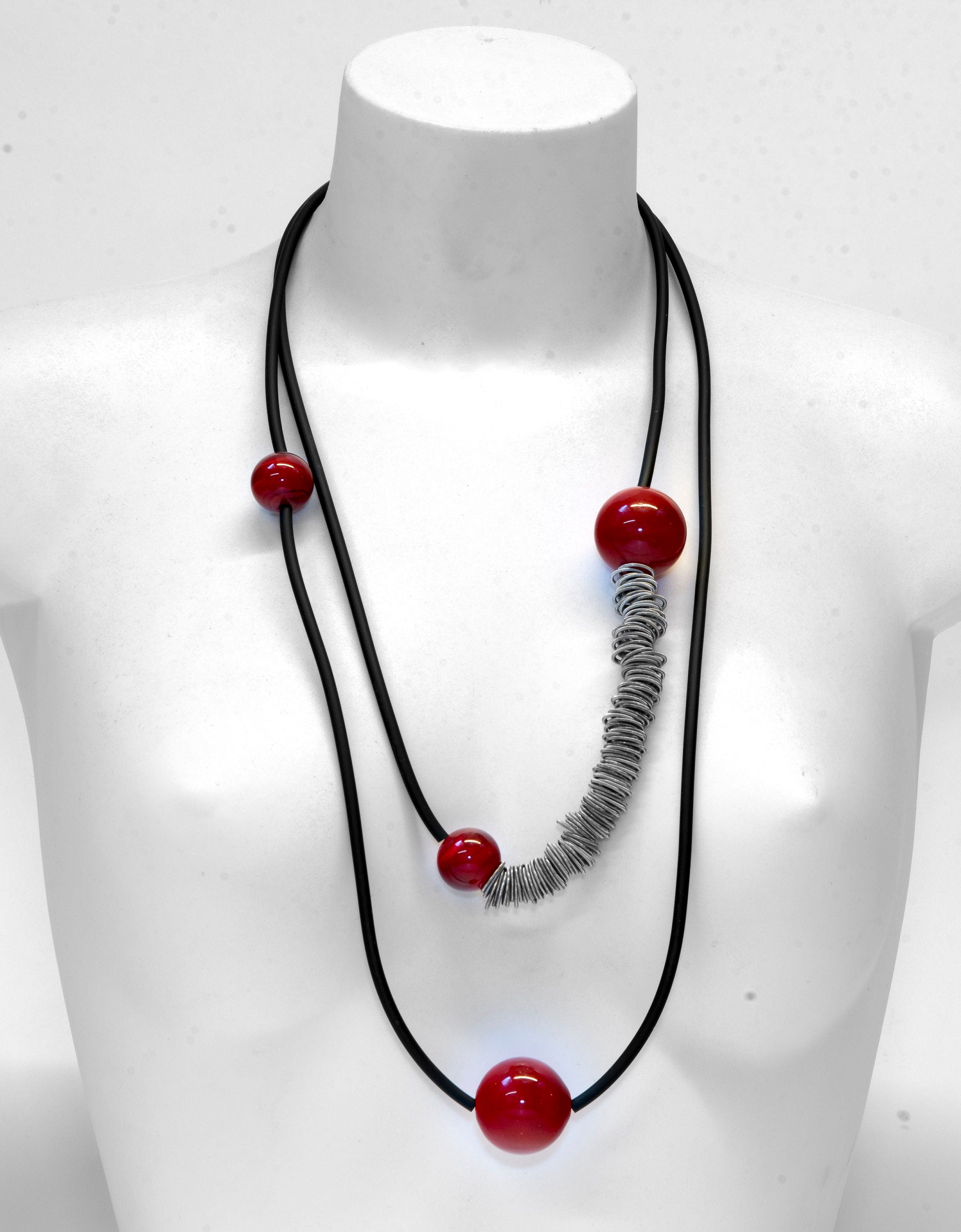 Glass necklace with blown pearls and metal rings. Glass bubbles transparent beads. Statement necklace - Murano glass