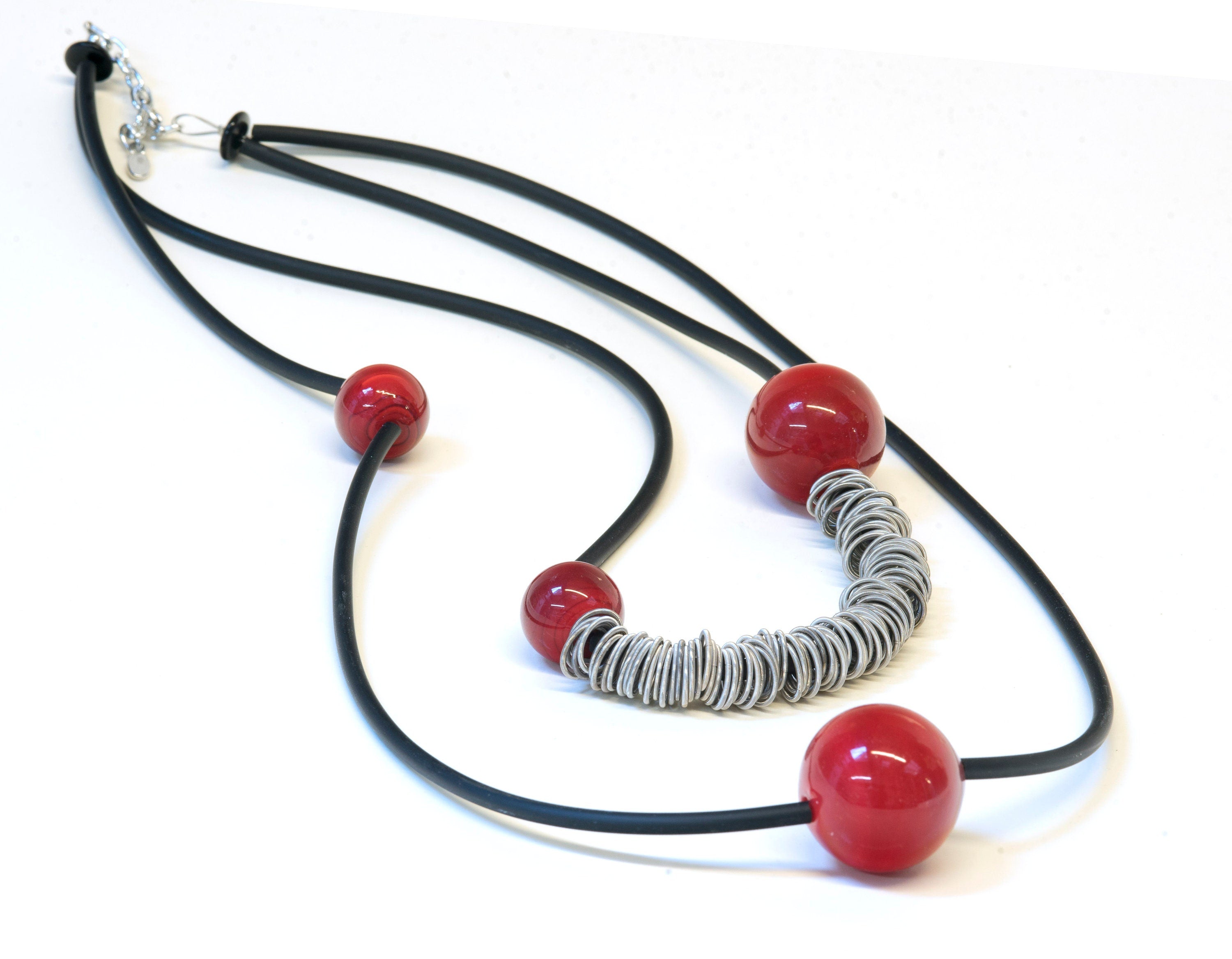 Glass necklace with blown pearls and metal rings. Glass bubbles transparent beads. Statement necklace - Murano glass