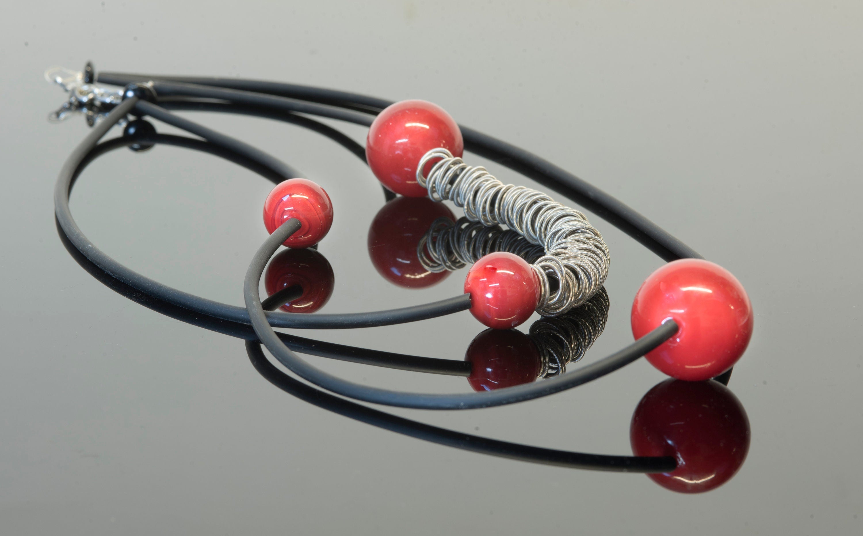 Glass necklace with blown pearls and metal rings. Glass bubbles transparent beads. Statement necklace - Murano glass