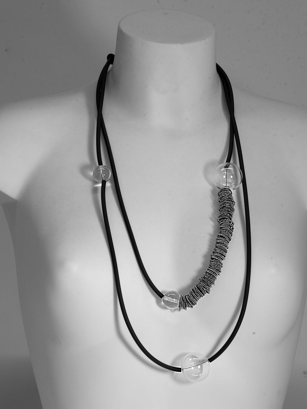 Glass necklace with blown pearls and metal rings. Glass bubbles transparent beads. Statement necklace - Murano glass