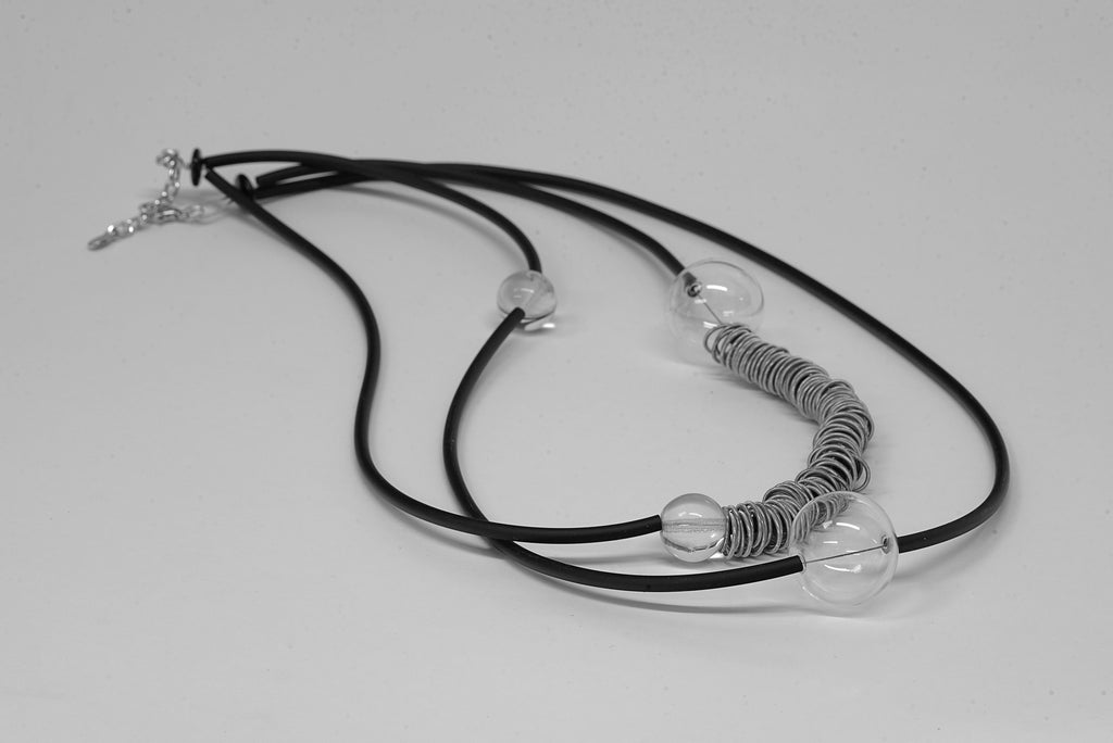 Glass necklace with blown pearls and metal rings. Glass bubbles transparent beads. Statement necklace - Murano glass